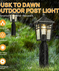 Two Pack Dusk To Dawn Outdoor Post Lights With Seeded Glass illuminating in a rainy garden setting demonstrating weather resistance.
