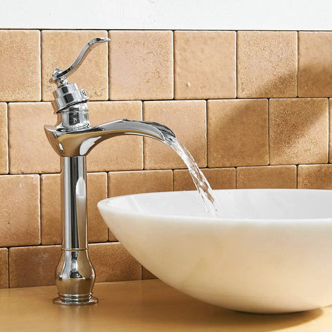 Chrome Vessel Sink Faucet With Waterfall Spout Pop Up Drain Supply Hose And Single Handle Lavatory Mixer Tap For Tall Body Bathroom Setup Slick Solid Brass Build With Ceramic Cartridge For Leak Free Performance in a modern bathroom setup