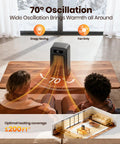 Indoor Space Heater With Remote Control 1500W Desk Heater For Office And Home 4 Modes With ECO 12H Timer 70 Degree Oscillation LED Display Safety Protections Quiet 2 In 1 Heater For Bedroom And Living Room showing heating coverage on a table.