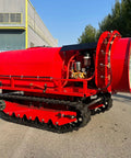 Remote Control Crawler Spray Vehicle Tracked Sprayer Machine With Adjustable Boom For Farm Garden And Pest Control, red chassis, wide tracks, durable design.