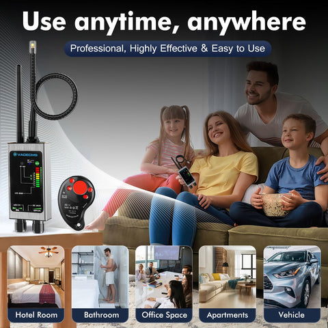 Hidden Camera Detector And Bug Finder For Privacy Protection Portable 4 In 1 RF Signal Scanner shown in family and travel settings