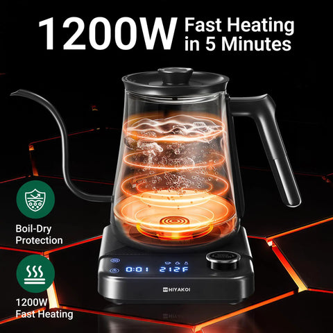 Gooseneck Electric Kettle With Plus Or Minus One Degree Fahrenheit Precision Temperature Control For Pour Over Coffee And Tea, 1200W Rapid Heating, Stainless Steel Water Boiler, 0.8L 27oz, Twelve Hour Keep Warm And Built In Timer.