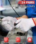 Killer Grip Tough White Cotton Liner Gloves Twenty Four Pair worn by worker using a screwdriver in a garage setting.