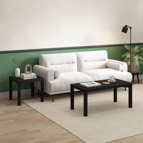 Classic Homey Square Parsons Side End Table In Black 1 Pack next to a white sofa in a living room setting.