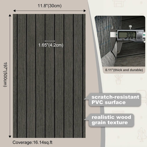 Grey Peel And Stick Wood Wall Panels 3D PVC Wood Slat Wallpaper Renter Friendly 12X197 showing dimensions and texture details.