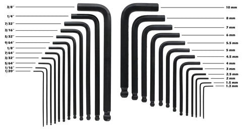 Orange Ball End Hex Key Set 25 Piece SAE Inch Metric Mm Allen Key Combo with labeled sizes in black