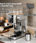Solid Build 20 Bar Semi Automatic Espresso Machine With Pro Grade Milk Frother Led Display Adjustable Shot Volume Heavy Duty Stainless Steel Home Coffee Maker Zero Hassle Brewing showing cup warmer and 1.2L detachable tank.