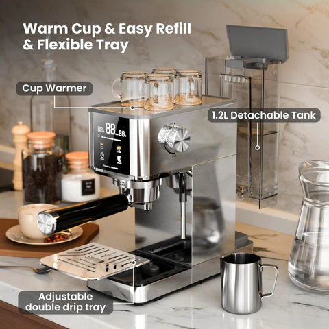 Solid Build 20 Bar Semi Automatic Espresso Machine With Pro Grade Milk Frother Led Display Adjustable Shot Volume Heavy Duty Stainless Steel Home Coffee Maker Zero Hassle Brewing showing cup warmer and 1.2L detachable tank.