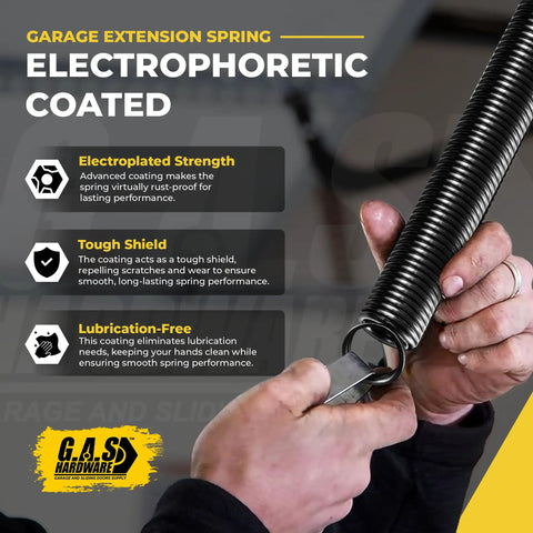 Electrophoretic coated extension spring in hands, highlighting electroplated strength for Beefy 130 Lb Yellow Double Looped Garage Door Extension Spring Bundle for 7 Ft Doors Complete Heavy Duty DIY Hardware Kit with Four 3 Inch Pulleys and Pair of Extension Cables for a Solid Replacement.