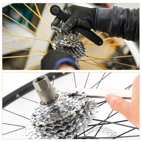 3 In 1 Sprocket Remover And Chain Whip Tool, 8 Inch Length, used for bike cassette removal and maintenance on wheel.