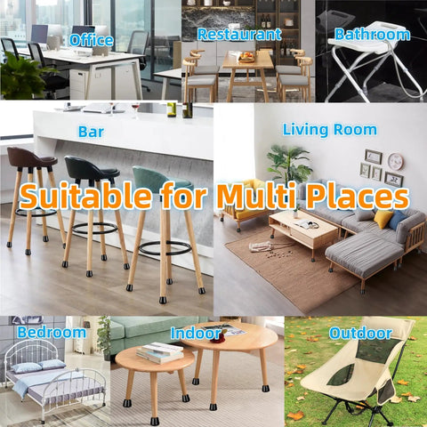 Heavy Duty Rubber Chair Leg Tips With One Inch Interior Non Slip Floor Protectors on various furniture in office, restaurant, bar, living room.