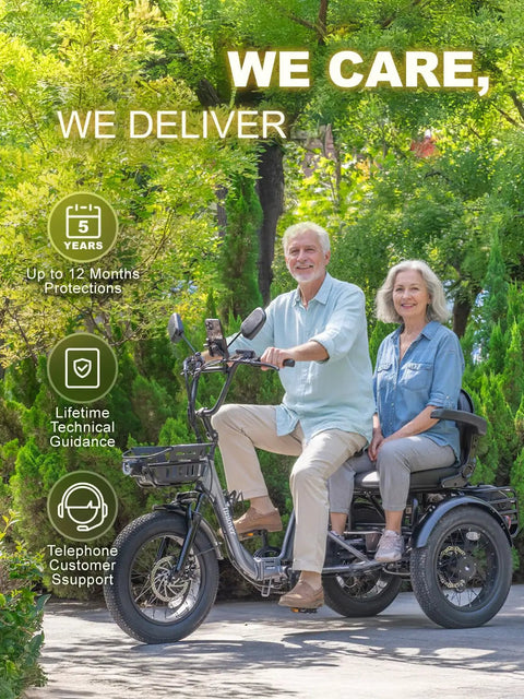 Folding Electric Tricycle For Adults With Passenger Seat And Backrest 1200W Fat Tire Trike 20 MPH Top Speed 100 Mile Range 3 Wheel E Bike With Reverse Parking Differential Orange with older couple riding