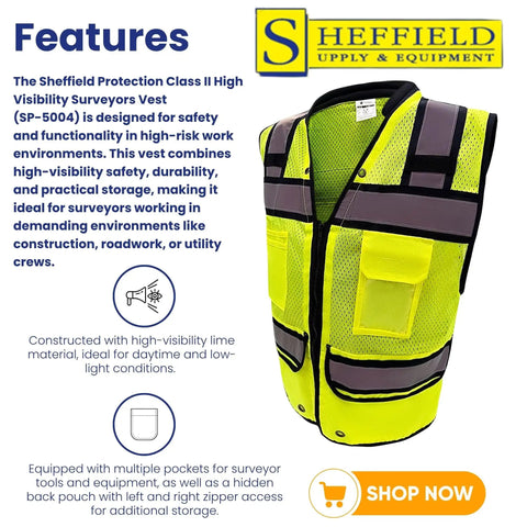 Class II High Visibility Safety Vest Fluorescent Lime Reflective Tape Heavy Duty Construction Workwear Nine Pocket Utility System Day Shift Hustle Ready Surveyor Gear Large shown with multiple pockets and reflective tape.