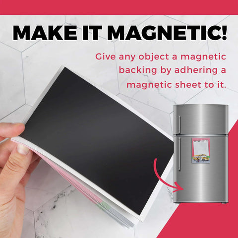 Hand holding a stack of non adhesive flexible magnetic sheets next to a fridge with a magnet in use. Pack Of 25 Non Adhesive Flexible Magnetic Sheets For Arts And Crafts, Easy To Cut 5 By 7 Inch 30 Mil Thick, Durable Plain Magnetic Sheets, Diy Friendly Magnetic Sheet Set For Projects And Classroom Use.