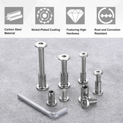 Heavy Duty M6X45MM Hex Drive Socket Cap Bolts With M6 Nuts And M4 Hex Key For Furniture Install And Workshop Builds Zinc Coated Steel Hardware Silver Tone in various sizes with hex key.