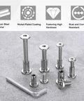 Sturdy M6 X 50MM Hex Socket Cap Bolts Paired With M6 Flange Nuts And M4 Key Wrench For Furniture Connectors Countersunk silver hardware set.