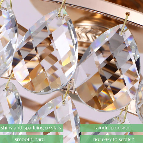 Close-up of raindrop crystals on Lit Gold Crystal Chandelier Mini Ceiling Light Modern Flush Mount with gold frame for hallways and living rooms.