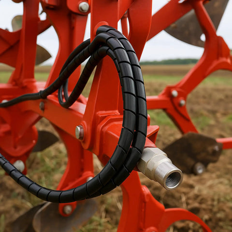 Built Tough 3.5 Inch Spiral Wrap HDPE Cable Sleeve Hose Protector For Automotive And Industrial Wiring on red machinery