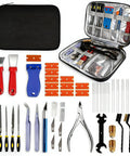 Must-Have 53 Piece 3D Printer Tool Kit With Nozzle Cleaning Needles, Brass Nozzles, Deburring Files, Tweezers arranged with storage bag