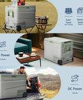 Massive 58 Qt Portable Car Refrigerator And Electric Cooler With 12V Plug And Play Setup in outdoor and indoor settings.
