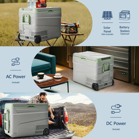 Massive 58 Qt Portable Car Refrigerator And Electric Cooler With 12V Plug And Play Setup in outdoor and indoor settings.