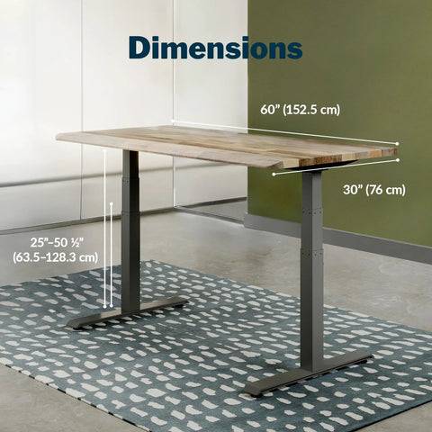 Heavy Duty Dual Motor Electric Standing Desk With Smooth Height Adjustment And Killer Ergonomic Wrist Relief Edge Built On A Solid Frame With Top Shelf Reclaimed Wood Top In Slate For Home Office dimensions showing 60" x 30" top and height from 25" to 50.5".