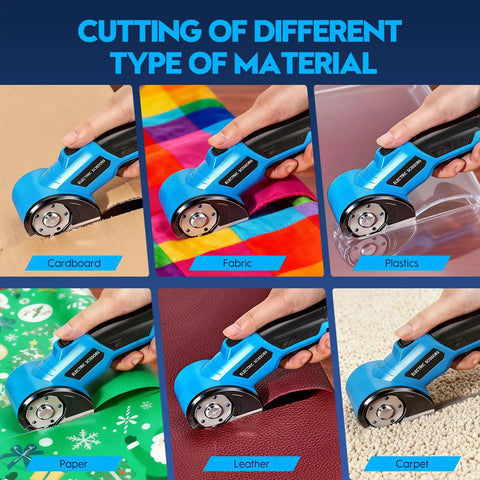 Heavy Duty Cordless Electric Scissors With Rechargeable Rotary Blade And LED Light Safety Lock For No Sweat Cutting Of Cardboard Fabric Carpet Leather And Cloth Slick Power Shears Blue cutting through various materials like cardboard and fabric.