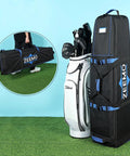 Full Open Golf Club Travel Case With Wheels Airline Approved Protective Cover for Cart Bags and Stand Bags on grass.