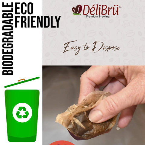 Hand holding used unbleached paper filter for reusable carafe; eco-friendly, compostable, for mess-free coffee or tea brewing.