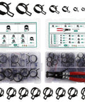 227 Piece Spring Band Hose Clamp Kit With Swivel Flat Band, open boxes showing assorted clamps and plier, size range 6mm to 38mm