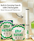 Electric Milk Frother And Matcha Whisk Handheld All-In-One Blender with USB case next to ceremonial grade matcha packets