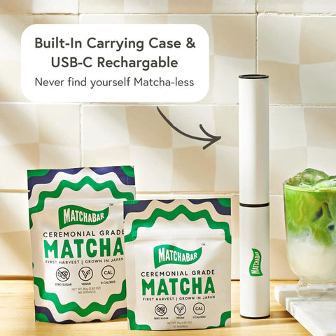 Electric Milk Frother And Matcha Whisk Handheld All-In-One Blender with USB case next to ceremonial grade matcha packets