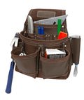 Nine Pocket Full Leather Framer Pouch Brown With Wet Formed Hammer Holder and tools visible in pockets
