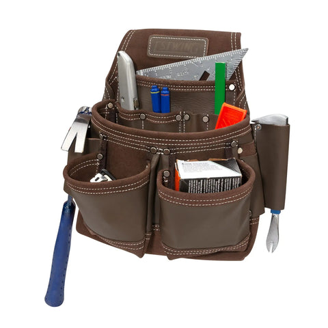 Nine Pocket Full Leather Framer Pouch Brown With Wet Formed Hammer Holder and tools visible in pockets