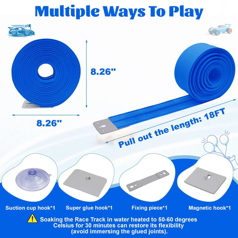 Kid Friendly 19 Foot Portable Two Lane Race Car Track Starter Set with wall mount suction cups, magnets, and hooks in blue.