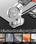Electric drill with Titanium Drill Nibbler Attachment cutting metal sheets, featuring maximum shearing capacity for various materials.