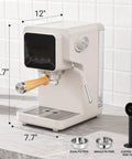 Next Level Touchscreen Espresso Machine Loaded With A 20 Bar Italian Pump And Quick Release Steam Wand, showing dimensions and accessories.