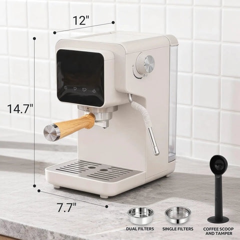 Next Level Touchscreen Espresso Machine Loaded With A 20 Bar Italian Pump And Quick Release Steam Wand, showing dimensions and accessories.