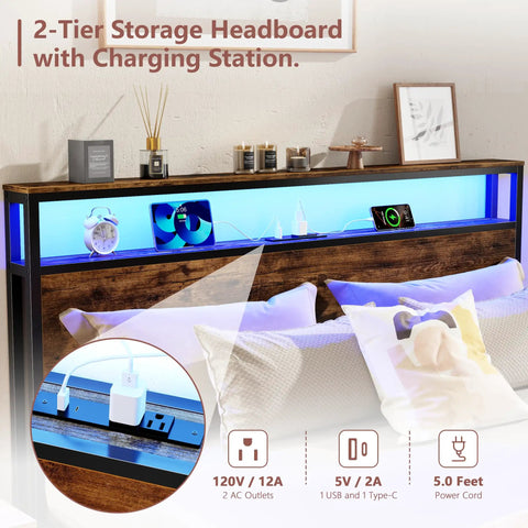 Queen Bed Frame With A Slick Two Tier Storage Headboard And Built In Charging Station Plus Six Roomy Drawers For A Game Changing Sleep Setup And Effortless Daily Flow showcasing dual shelf with USB ports.
