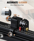 Dead Accurate Miter Gauge For Table Saws With 36 Inch Extended Fence and Full Range Locking Negative 70 To Positive 70 Degrees close-up of micro adjust fence stop.