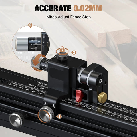 Dead Accurate Miter Gauge For Table Saws With 36 Inch Extended Fence and Full Range Locking Negative 70 To Positive 70 Degrees close-up of micro adjust fence stop.
