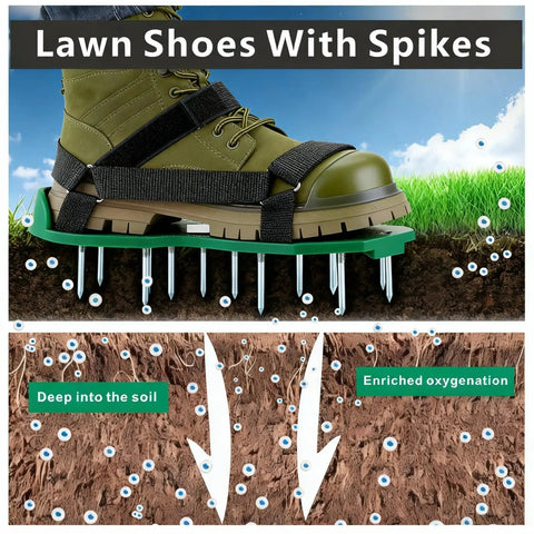 Heavy Strap Lawn Aerator Shoes With 26 Stainless Steel Spikes for aeration in use on grass, close-up of spikes piercing soil.
