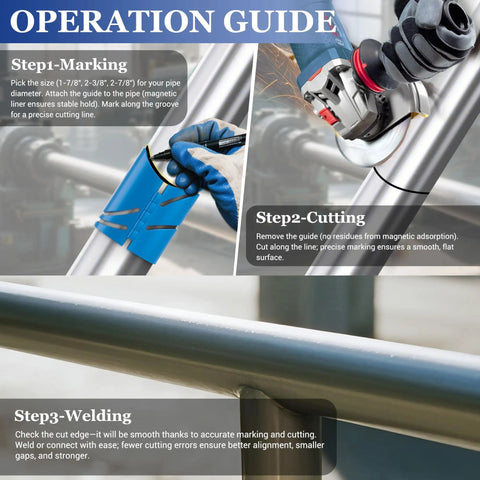 Operation guide for Metal Pipe Cutting Guide Kit With Pipe Saddle Template For Precise Marking And Straight Cuts Three Outer Diameter Templates For Quick Accurate Cuts And Seamless Welds On Metal Piping.