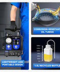 Front view of Amazon automatic brake bleeder kit with gauge, hoses, and portable design; includes 1L waste oil bottle.