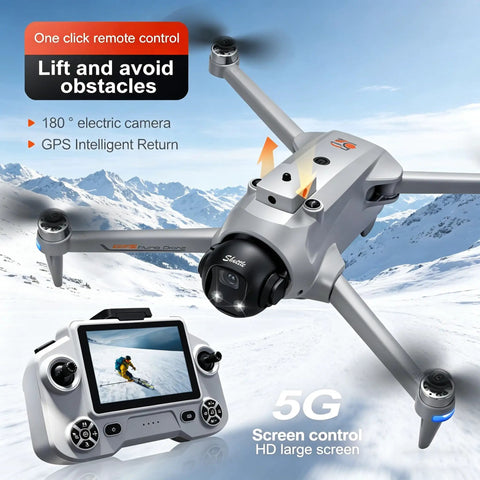 GPS Drone With 4K Camera And EIS Stabilization, 5G RC Control in flight over snowy mountains with remote control and HD screen