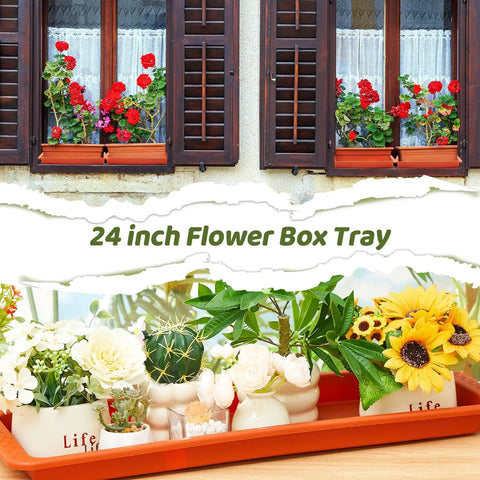 Terracotta 4 Pack Rectangle Plant Saucers 24 X 8 X 1.6 Inch Large Plastic Drip Trays For Windowsill Pots And Planters, Perfect Drainage For Germination, Indoor Outdoor Use, Keeps Surfaces Clean And Pots Stable