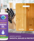 Bottle of Pure Mineral Oil for Cutting Boards with before-and-after wood restoration effect on a cutting board.