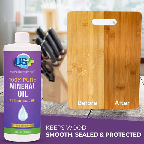 Bottle of Pure Mineral Oil for Cutting Boards with before-and-after wood restoration effect on a cutting board.