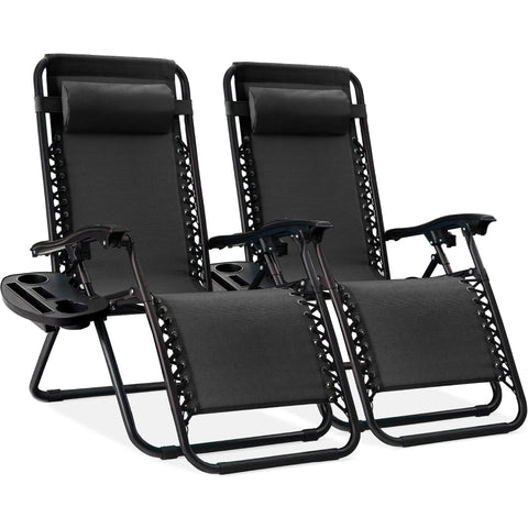 Set Of 2 Adjustable Zero Gravity Lounge Chairs With Steel Mesh, Pillows, And Cup Holder Trays, Foldable And Portable For Park, Beach, Or Tailgate, Black