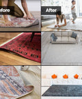 Comparison of before and after using Heavy Duty Non Slip Rug Corner Pads With Reusable Dual Sided Adhesive Grip on area rugs